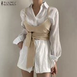 Women Fashion OL Two Piece Set Shirt 2022 Spring Belted Lace Up Blouse Casual Solid Puff Sleeve Lapel