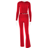 2 Piece Sets Women Tracksuit Long Sleeve Zipper Hooded Sweater Crop Top Flare Pants Stretch Matching Suit Outfit-Outfit