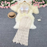 Fongt Tourist Vacation Wind Summer Sling Short Hook Flower Vest Long Skirt Two Suits-Outfit