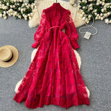 Fongt 2025 New High-End Heavy Industry Mesh Embroidery To Collect Thin French Elegant Lantern Sleeve Dress