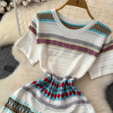 Fongt Fresh Striped Dresses Women's Summer French Oceanic Vintage Design Sensation Sweet National Wind Knitted Skirt