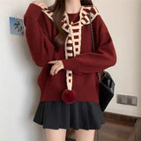 Fongt Two Striped Shawl Knitted Jersey Anola Red Sweater Women's Autumn And Winter Loose Knitted Top