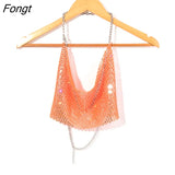 New Rhinestone Tops for Women 2022 Fashion Sleeveless Halter Hollow Out Shiny Metal Cropped Mesh Tank Sexy Backless
