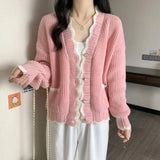 Long-Sleeved Knitted Cardigan V-Collar Warm Soft Style Design Feeling First Love Blouse Female Pink Soft Waxy Coat Autumn-Outfit