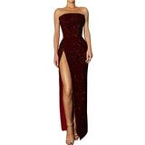 Sequin Strapless Evening Dress Women 2023 Spring Sexy Red High Slit Dresses Elegant Dress Women Party Club Dress Women-Outfit
