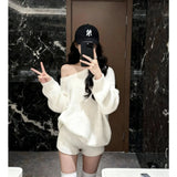 Fongt And Winter New Lazy Wind Soft Knitted Sweater Women High Waist Thin Leisure Shorts Two Sets