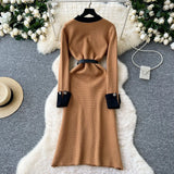 Fongt And Winter Small Fragrant Style Long-Sleeved Temperament Dress Elegant Metal Button Decoration Waist Open Fork Knitting Dress