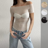 Fongt Spring And Summer Explosion Women's Dress A Word Collar Perspective Short-Sleeved T-Shirt