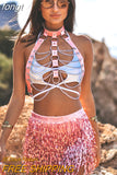 Women PU Leather Harness 2 Piece Set Sexy Hollow Out Metal Chest Chain With Tassel Sequins Mini Skirt Gothic Party Club