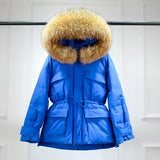 Huge Real Raccoon Fur Hooded Waterproof Winter Duck Down Jacket Women Fashion Female Parkas Sash Tie Up Puffer
