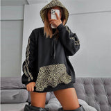 Fongt Has F24TP161 Women's Autumn And Winter New Leopard Splicing Drawstring Pocket Loose Casual Hooded