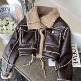 Lambswool Jacket Winter Thickened Plus Velvet Motorcycle Faux Leather Stitching Coat PU Plush Cardigan Stand Collar Tops-Outfit