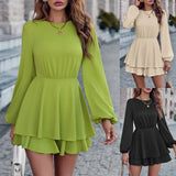 Fongt 2024 Autumn / Winter Fashion Women's Wear Trend Solid Color Round Collar Waist Knit Long Sleeve Jumpsuit-Outfit