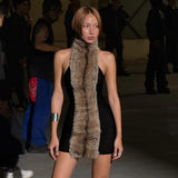 Fongt 2025 Autumn New Women's Sexy Hanging Neck Hairy Neck Stitching Bump Color Bag Hip Dress