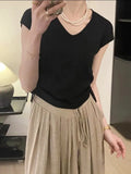 Silk V-Collar Vest Women Draw Rope Waist Design Sense Minority Summer 2024 New Chic Sweater T-Shirt-Outfit