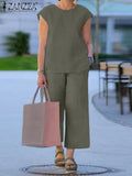 Holiday Matching Pants Sets ZANZEA 2022 Casual Sleeveless Blouses and Loow Pants Women Solid Sets Female kaftan