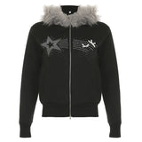 Fongt Cloth Forget Retro Hair Splicing Velvet Zipper Casual Coat BM Style Hooded Solid Color Sweater