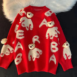 Bear Head Pendant Fleece Embroidery Oversized Sweaters Men Women Hip Hop Streetwear Winter Knitted Tops Korean Kawaii