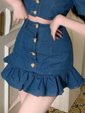 Denim Two Piece Suits Women Sexy Love Pocketshirt Crop Tops Mini Ruffles Skirts Outfits Female Elegant Cowboy 2 Piece Set-Outfit