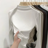 Color Half-High Collar Pleated Design Feeling Bottomed Shirt Women's Autumn New Short-Sleeved T-Shirt Underwear-Outfit