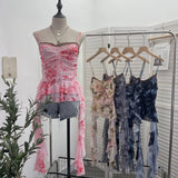 Real Shooting Atmosphere Feels A Mesh Yarn-Print Sling Vest Irregular Ribbon Splicing Lace Sleeveless Top