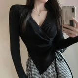 Pullover Long-sleeved V-neck Slim Sweater Cross Pleated Drawstring Knit Top 2023 Spring Autumn New Clothing Women-Outfit