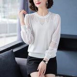 Chiffon Lace Patchwork Knitted Pullovers Women Spring Casual Loose Lantern Sleeve Knitwear Fashion Hollow Out Korean