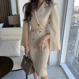 Women Dress 2021 Summer Korean Chic Elegant Temperament Lapel Double-Breasted Suit-Style Slit Clock Sleeves Vestidos With