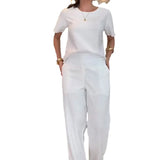 Fongt Summer New Fashion Solid Color Round Collar Loose Jacket Wide Leg Pants Two-Piece Female-Outfit