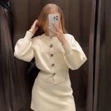 Fongt Women's Clothing 2025 Spring New Flower Button Decoration Knitted Shirt Skirt Set