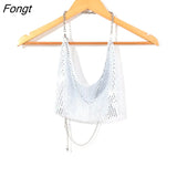 New Rhinestone Tops for Women 2022 Fashion Sleeveless Halter Hollow Out Shiny Metal Cropped Mesh Tank Sexy Backless