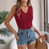 Shooting Summer New Solid Color Button V Collar Hollow Sleeveless Top Holiday Knitwear Women's