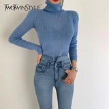 White Korean Knitted Sweater For Women Turtleneck Long Sleeve Autumn Slim Pullover Female Clothing Fashion New