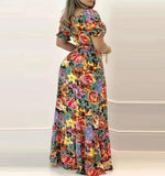 Independent Station 2023 New Short-Sleeved Print V Neckline Waist Tie Dress Long Dress-Outfit