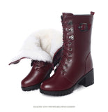 Boots Women Genuine Leather High-heeled Large Size Motorcycle Boots Women New Wool Warm Winter Boots for