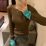 Version Of Chic Round Neck, Coloured Sleeves, Knitted Sweater, Autumn And Winter, A New Slim, Thin, Underwear Sweater-Outfit
