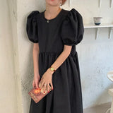 Chic Summer Round Neck Robe Contrast Color Lace Bow Polka Dot Puff Sleeve Women Midi