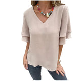 Fongt Summer Solid Female Loose V-Necked Leaf Sleeve Top High Temperature Stereotyped Woman
