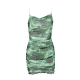 Fongt Summer New Fashion Sexy Tie-Dye Print Open Back Sling Wooden Ear Bag Hip Dress
