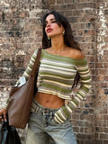 Fongt Striped Collar Knitted Bottom Shirt Woman Exposed Umbilical Slime Inside A Coat And Shoulder Sweater