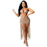 Fongt New Women's Solid Color Knit Sexy Strapless Tassel Beach Dress-Outfit