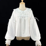 Style Sweets Lolita Blouse Women Kawaii Lace Peter Pan Collar JK Shirts Girls Chic Long Lantern Sleeve Black White Blouses-Outfit