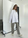 Fongt Hot Loose Long-Sleeved Open-Fork T-Shirt Women's Solid Color 100% Cotton Top Spring And Summer Women's Clothing