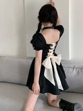 Backless Lolita Gothic Dress Women Bow Puff Sleeve Kawaii Party Mini Dress Female Casual Korean Fashion Sweet Dress
