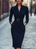 Fongt Elegant Spring And Autumn Long Sleeve Pocket Dress With Belt
