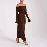 Fongt Women's New Luxury Out-Shoulder Long-Sleeved Body Drilled Noble Dress