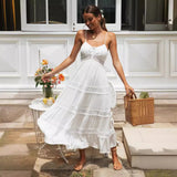 Fongt New Women's Bohemian Sling Dress Lace Splicing Big Dress