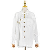 Fongt Cardigan Female Top Spring 2024 New Striped Metal Button Lapel Loose Type Thin Temperament Shirt-Outfit
