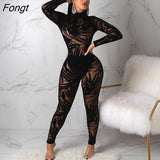 Bamboo Leaf Sheer Mesh Jumpsuit O Neck Long Sleeve Women Sexy Night Club Party Romper Fashion Bar Overalls