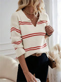 Fongt And Winter Loose V-Neck Stripes Bumpy Long-Sleeved Polo Shirt Sweater